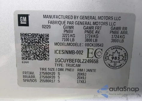 2020 Chevrolet Silverado 1500 Custom z USA, uszkodzony, nr VIN 1GCUYBEF0LZ249658